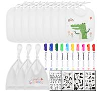 9 Bavoirs pour Peinture (18x24cm) Avec 3 Bébé Bonnet Bavoirs Bebe Blancs de Peinture pour Fête de Bébé Imperméable et résistant à l'huile avec 10 stylos textiles de couleur et 4 pochoirs de peinture