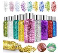 9 Bouteilles Paillettes Visage - Gel Paillettes Corps - Sirène Paillette Chunky Glitter Liquide pour Festival Fête Noël Pâques Maquillage Décoration - Blanc/Rose/Vert/Argent/Or/Violet/Cyan/Rouge/Bleu