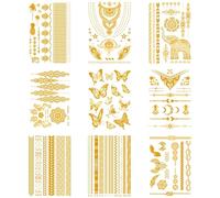 9 Feuilles Autocollants de Tatouage Ephémère Doré Métalliques Faux Tatouage Flash Temporaire Feuilles Éphémères Tatouages Dorés Tatouage Ephemere pour Cadeau de Vacances Femme/Fille