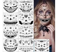 9 Feuilles Halloween Tatouages Temporaires pour visage, Crâne mort Cicatrice Squelette Araignées Toile Chauve Souris Tatouages Éphémères pour Halloween Carnaval Maquillage Déguisements Accessoires