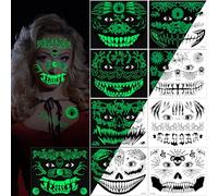 9 Feuilles Lumineux Halloween Tatouages Temporaires pour visage, Crâne mort Squelette Araignées Toile Chauve Souris Tatouages Éphémères pour Halloween Carnaval Maquillage Déguisements Accessoires