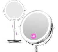 9 Inch Illuminated Magnifying Mirror, 1x/30x Double-Sided Makeup Mirror, Adjustable Height From 38 To 47 Cm, Table Mirror 3 Adjustable Light Colours, 3000 Mah Usb Charging 360° Rotation