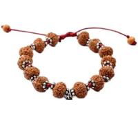 9 Mukhi Durga Shakti Bracelet d'Indonésie/9 Mukhi Java Rudraksha Bracelet avec chakras argentés en fil de soie rouge (14 mm), taille unique, bois, sans pierre précieuse, One Size, Bois, Pas de gemme