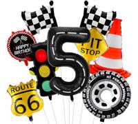 9 PCS Anniversaire de Voiture de Ballon D'aluminium avec des Chiffres，5 ans | Inclure Ballons en Forme de Feu de Circulation, Pneu et Barrage Routier, pour L'anniversaire d'un Garçon