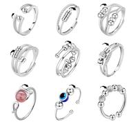 9 Pcs Bague Anti Stress Femme Acier Inoxydable Bague Anti-Stress Taille Ajustable Rotatif Peut Soulager Les Sentiments D'anxiété Et De Tension Pour Les Hommes Et Les Femmes Élégance Cadeau（Argent）