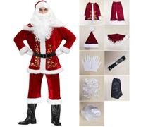 9 Pcs Costume Déguisement Père Noël Pour Adulte Costume Père Noël Déguisement Vêtement Habit Complet Rouge Noël Party