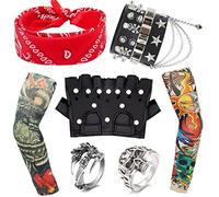 9 PCS Deguisements Rock Accessoires, Accessoires de Costume Punk avec Faux Tatouage Manches Couvre Bandana Noir PU Gants Bracelet Anneaux pour Femmes Hommes Adulte Fête des Années 70 80 90