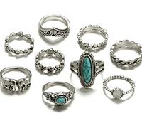 9 pcs/Ensemble Bagues Vintage pour Femmes Bohème Naturel Turquoise Pierre Feuille Ouverte Bagues pour FemmesOpération Facile