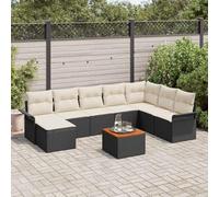 9-Piece Modular Garden Sofa Set, Outdoor Patio Furniture with Table and Ottoman, Black Cream Poly Rattan Wicker Sectional Couch for Terrace, Poolside, Modern Durable All-Weather Lounge Seating