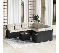 9-Piece Outdoor Patio Furniture Set, Black and Cream Modular Garden Sofa Sectional with Cushions, Weather-Resistant Poly Rattan Wicker & Tempered Glass Table for Terrace, Backyard, Poolside