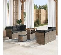 9-Piece Outdoor Patio Furniture Set, Grey Poly Rattan Sofa Sectional with Cushions, Modular Garden Conversation Set with Adjustable Height Coffee Table and Storage for Terrace, Balcony, Backyard