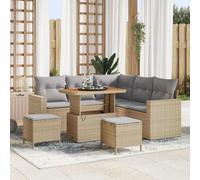 9-Piece Outdoor Patio Furniture Set, Modular Garden Sofa Sectional with Table and Ottoman, Beige Light Grey Cushions, All-Weather Wicker Rattan and Acacia Wood for Terrace, Backyard, Poolside