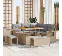 9-Piece Outdoor Patio Furniture Set, Modular Garden Sofa Sectional with Table and Ottomans, Beige & Light Grey, Water-Resistant Cushions, Poly Rattan & Acacia Wood for Terrace, Balcony, Backyard