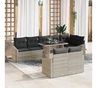 9-Piece Outdoor Patio Furniture Set, Modular Garden Sofa Set with Glass Coffee Table, Light Grey and Dark Grey Cushions, All-Weather Wicker Rattan Sectional for Terrace, Backyard, Poolside