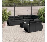 9-Piece Outdoor Patio Furniture Set with Cushions, Black Wicker Resin Rattan Sofa Set for Garden, Terrace, Backyard, Includes Glass Top Table, Modular Design, Weather-Resistant & Easy to Clean