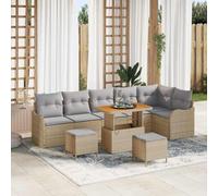 9-Piece Outdoor Patio Sofa Set, Modern Garden Furniture with Storage, Beige & Light Grey Modular Sectional Couch for Terrace, Backyard, Lounge, Durable Synthetic Rattan, Acacia Wood and Steel Frame