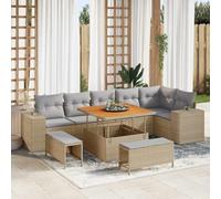 9-Piece Outdoor Patio Sofa Set, Modular Garden Furniture with Adjustable Acacia Wood Coffee Table and Storage, Beige Light Gray All-Weather Poly Rattan Sectional Couch for Terrace, Backyard, Poolside