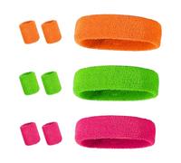 9 pièces Bandeau de Sport,Ensemble Bandeau et Serre-Poignets,80 et 90 Rétro pour Carnaval Soirée, Bandeau Absorbant la Transpiration (Orange Vert Rose)