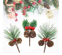 9 pièces Branches de pin de Baies de Noël, Fausses Baies Rouges Pommes de pin Cloches Tige de Houx pour la décoration Artisanale de Noël