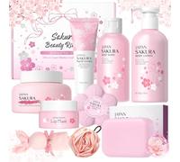 9 Pièces Coffrets de Bain et de Soins, Cherry Blossom Coffret Cadeau Femme with Body Wash, Lotion, Soap, Bath Bomb, Scrub, Hand Cream & Lip Mask, Coffret Beauté Femme