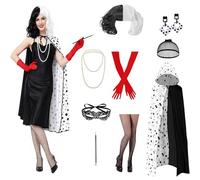 9 Pièces Cruella Deguisement Femme, Deguisement Cruella, Ensemble Déguisement Cruella Femme avec Perruque Noire et Blanche, Cape et Accessoires, Costume Femme pour Carnaval, Cosplay et Fête à Thème