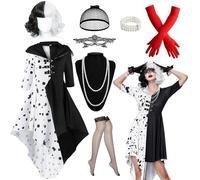 9 Pièces Cruella Déguisement pour Femme, Halloween Set d'accessoires de Devil Cruella avec Robe Tachetée Perruques Noires et Blanches Masque Gants Collier bas Résille Bracelet pour Carnaval Cosplay
