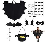9 pièces Déguisement Chauve Souris Enfant,Cape de Chauve-Souris Enfant,cape, masque, ailes, pinces à cheveux, tatouage phosphorescent, collier 3D, sac à main, pour Halloween, carnaval, cosplay