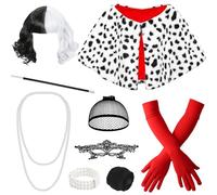 9 Pièces Déguisement Cruella, Noire et Blanche costume de Cruella avec Perruque Masque Colliers de Perles Bracelets Gants Echarpe Bâton Cigarette Bas Résille pour Femme Fête Thème Carnaval Mardi Gras
