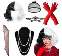 9 Pièces Déguisement Cruella, Noire et Blanche costume de Cruella avec Perruque Masque Colliers de Perles Bracelets Gants Echarpe Bâton Cigarette Bas Résille pour Femme Fête Thème Carnaval Mardi Gras