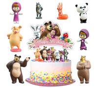 9 Pièces Figurine Gâteau Toppers Msha et Mihka pour Garcon Fille, Décoration de Gâteau Anniversaire Msha, Mcha et l'ours 3D Mini Figurines Set, Cake Toppers pour Fête d'Anniversaire Enfants