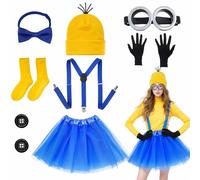 9 Pièces Jaune Deguisement pour Adultes, Jaunes Cosplay Costume Accessoires Kit avec Lunettes Bretelles Nœud Papillon Chaussettes Chapeau Gants Jupe Boutons pour Femmes Hommes Halloween Carnaval Fête