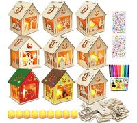 9 Pièces Kit de Bricolage Halloween, Peinture Enfant, Kit Creatif Copeaux de Bois LED Activite Manuelle, Bricolage Maison Cabane en Rondins Halloween avec Pigments, Bricolage Maison pour Enfants