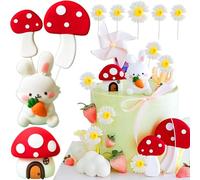 9 pièces Kit de décoration pour gâteau d’anniversaire sur le thème du « lapin », comprenant des décorations de Pâques, des champignons, des marguerites et autres figurines pour gâteaux