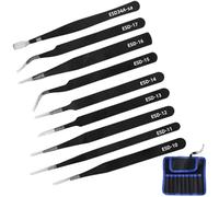 9 Pièces Kit Outils Pince ESD Precision, Pincettes Modelisme Acier Inoxydable avec Sac Rangement, Brucelle Anti-Statique pour Électronique Réparation, Travaux Laboratoire, Fabrication Artisanat Bijoux
