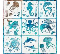 9 pièces Pochoirs à motifs de créatures marines, taille 15,01 X 15,01 cm, thème océan, convient pour dessiner des animaux marins, motifs DIY, sirènes, pochoirs en bois, applicable pour le scrapbooking