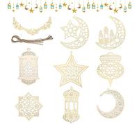 9 Pièces Ramadan Décorations, Ramadan Pendentif en Bois Ornement, Ornements en Bois Eid al-Fitr, Ramadan Décoration Lune Étoile Wind Light Forme Pendentif Ornement pour Ramadan Mubarak Eid