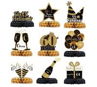 9 pièces/set Décoration en nid d'abeille unique noir et or pour 60e anniversaire, convient pour la décoration d'arrière-plan de la fête d'anniversaire de 60 ans, la décoration de table, les faveurs de