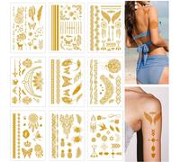 9 Set Tatouages Temporaires Or Brillant, Tatouages Temporaires Imperméables, Ornements Festifs, Tatouages Temporaires De Mariage Pour Femmes, Hommes Et Enfants(L21cm*L15cm)