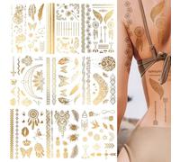 9 Tatouages Temporaires, Tatouages Scintillants Or avec Pochoirs pour Femmes, Filles, Enfants et Garçons, Visage & Corps, Kit Créatif DIY (Style 1)