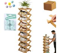 9 Tier Bamboo Shoe Rack No-Assembly, Foldable Vertical Shoe Storage Organizer, Tall Narrow Free Standing Shoe Shelf for Entryway, Closet & Small Spaces, Space-Saving Accordion Design (Nature)