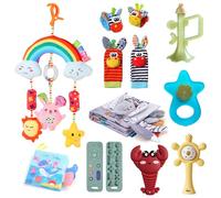 9 toys for babies aged 3-18 months, including silicone remote control, dental teething stick, 3D book for baby toys, rattles and wristbands, and baby bell toys