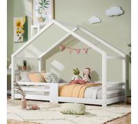 （90×200cm，Blanc）Sauvegarde Lit d'enfant Lit de maison avec cheminée Lit simple Lit au sol Lit en pin avec clôture et sommier à lattes pour enfants garçons filles