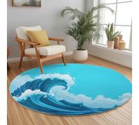 90 cm Abstrait Tapis Rond Salon, Minimaliste Vagues modèle Tapis de Sol Antidérapant pour Salon Chambre Cuisine Balcon Terrasse Salle à Manger Intérieur Extérieur, Bleu Marine