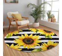90 cm Minimalist Tapis Rond Salon, Rayures Fleurs Tournesol modèle Tapis de Sol Antidérapant pour Salon Chambre Cuisine Balcon Terrasse Salle à Manger Intérieur Extérieur, Jaune