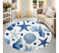 90 cm Tapis de Salon Rond à Poils Courts, Méditerranéen Marin Tapis de Sol Décoratif Doux, Bleu Blanc Étoile de Mer Coquillages Algues Lavable et Antidérapant pour Salon Chambre Salle de Bain