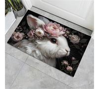 90 x 150 cm, paillasson d'entrée intérieur et extérieur, Tapis Animaux Mignons Lapin avec des Fleurs, Tapis de Sol résistant à la décoloration, Profil Bas, Facile à Nettoyer Rose Blanc