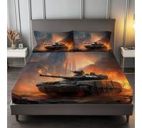 90 x 190 cm Drap Housse Microfibre, Militaire Chars d'assaut Villes Imprimé Parure De Lit Doux Élastique Drap Housse 30 cm Profonde pour Matelas Epais - Convient à Toutes Les Saisons, Couleur Orange