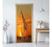 90 x 200 cm Autocollant Porte Couleur Orange, Animaux Au Coucher Du Soleil Girafe Sticker porte Escaliers en Trompe l'Oeil - Autocollant mural décoration, pour Salon Cuisine Chambre Papier Peint