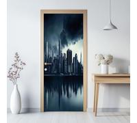 90 x 200 cm Autocollant Porte Gris Foncé, Horizon De New York Sticker porte Escaliers en Trompe l'Oeil - Autocollant mural décoration, pour Salon Cuisine Chambre Papier Peint