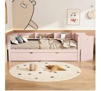 90 x 200 cm, lit plat, avec lit gigogne, avec bureau, trois étagères sur le côté du lit, rose